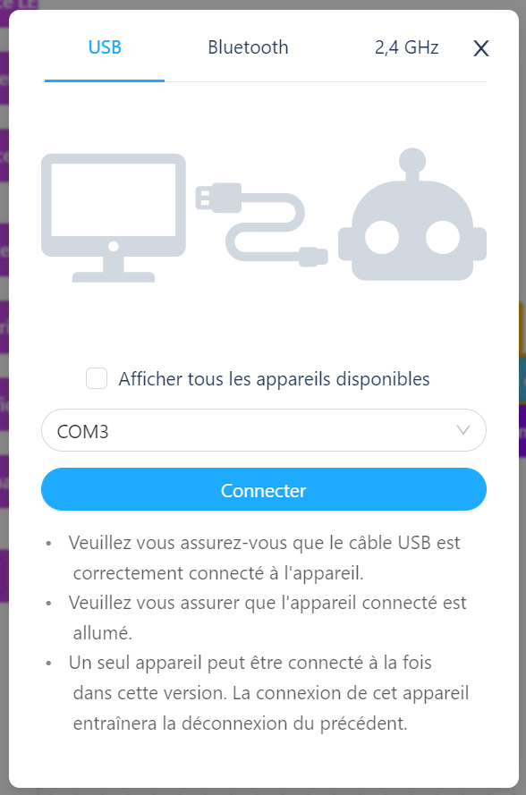 Choix USB ou Bluetooth