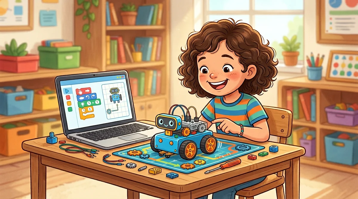 Enfant découvrant un robot éducatif programmable (illustration d’ambiance)