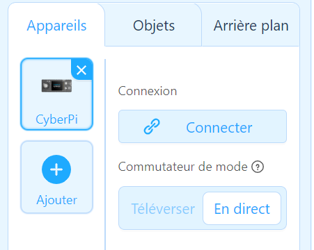 Capture mBlock 5 : panneau latéral Appareils et bouton Ajouter