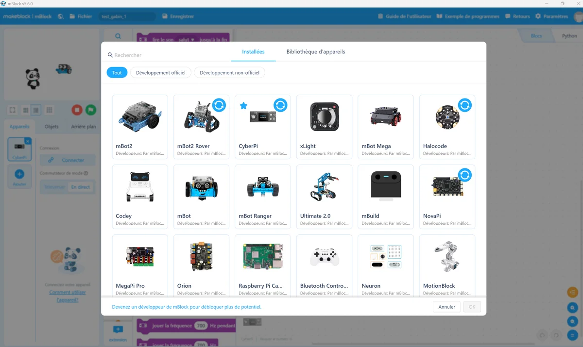 Capture mBlock 5 : bibliothèque d’appareils, ajout du mBot