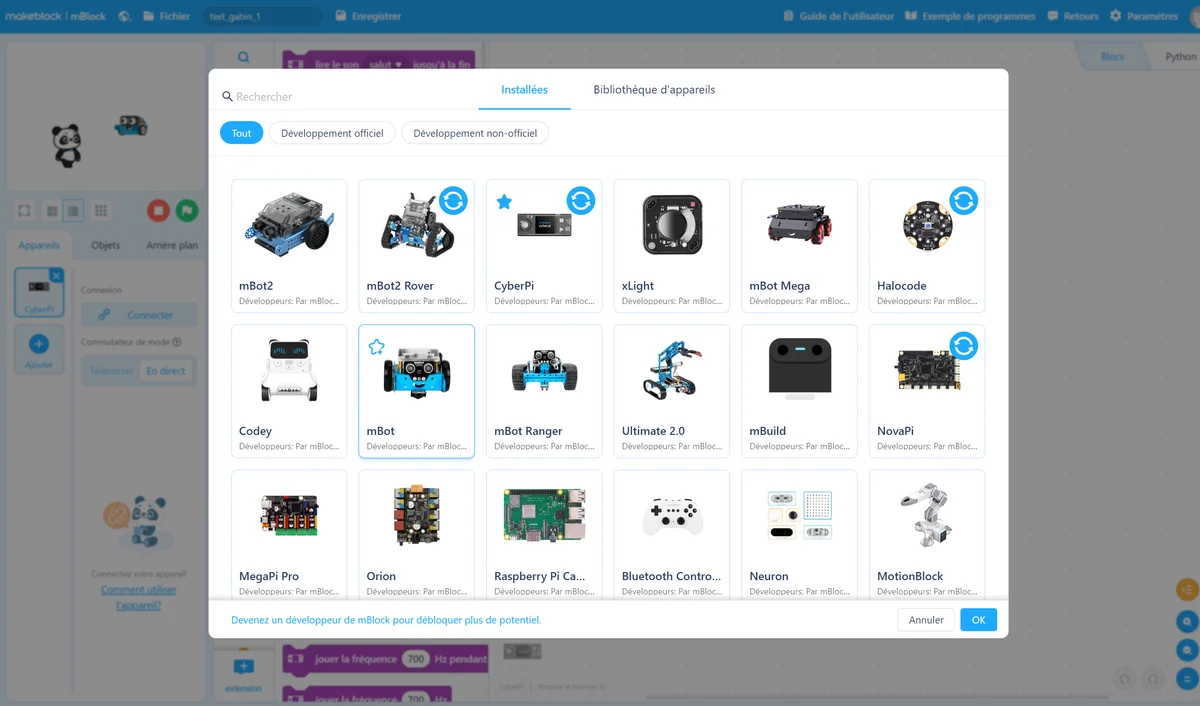 Capture mBlock 5 : mBot sélectionné, fenêtre de validation