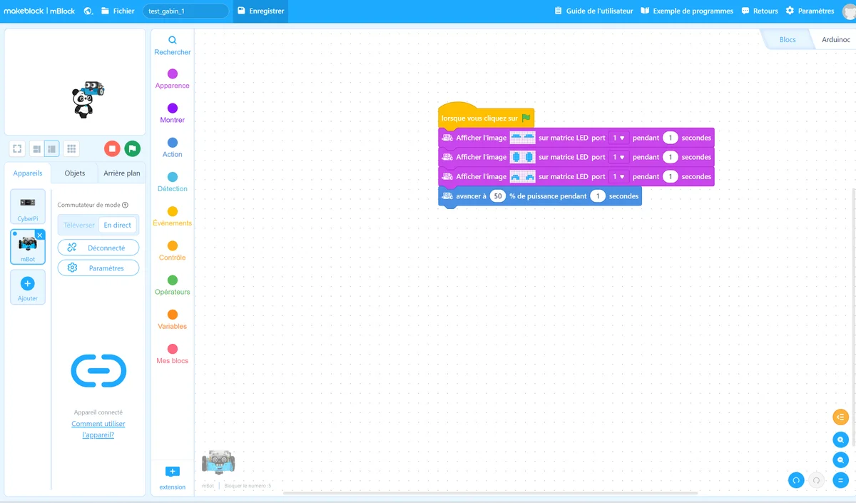 Capture mBlock 5 : palette des blocs mBot (moteurs, capteurs, LED…)