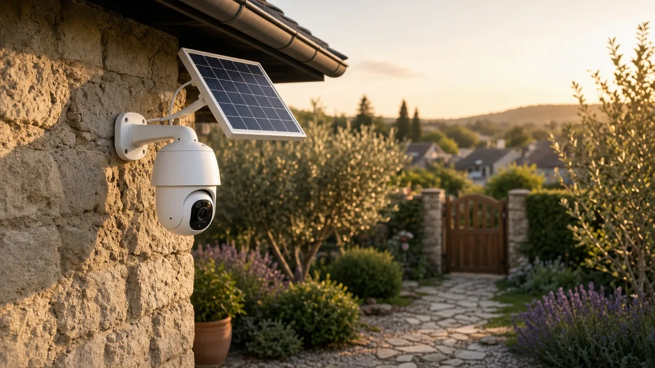 Caméra extérieure motorisée alimentée par un petit panneau solaire, fixée sous un avant-toit face à un jardin (illustration)