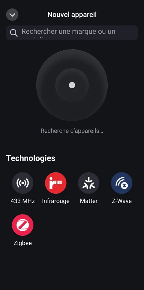 Écran Nouvel appareil de l'appli Homey listant les technologies 433 MHz, Infrarouge, Matter, Z-Wave et Zigbee