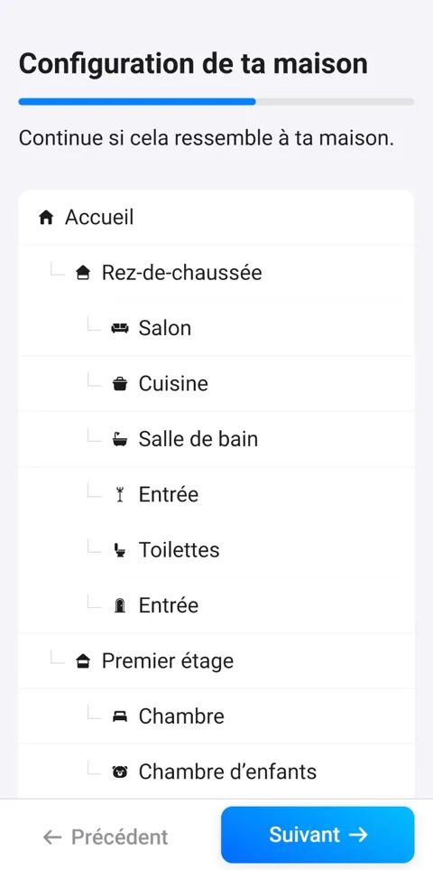 Arborescence récapitulative de la maison dans l'appli Homey, avec les pièces du rez-de-chaussée et du premier étage