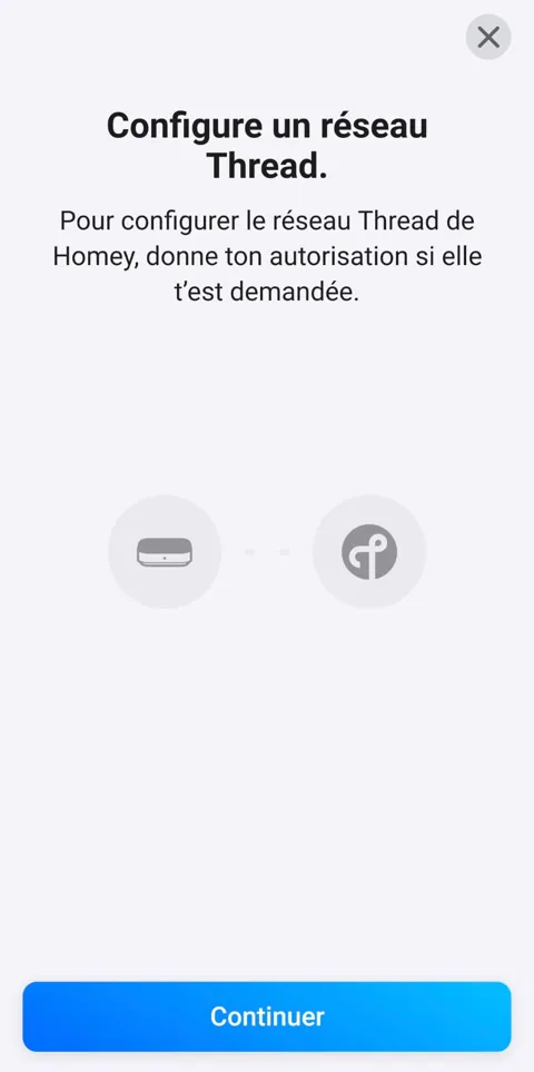 Écran Configure un réseau Thread de l'appli Homey, avec le bouton Continuer