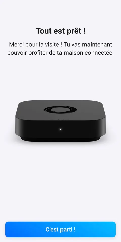 Écran « Tout est prêt ! » de l'appli Homey, avec le boîtier Homey Pro mini