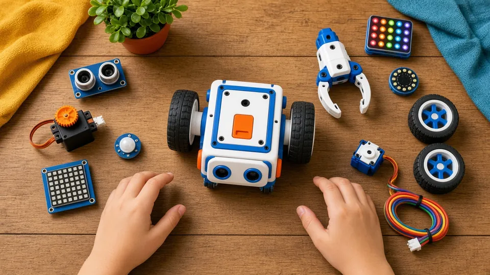 Illustration : des élèves font rouler de petits robots sur des parcours avec plots et rampe, l'enseignante chronomètre