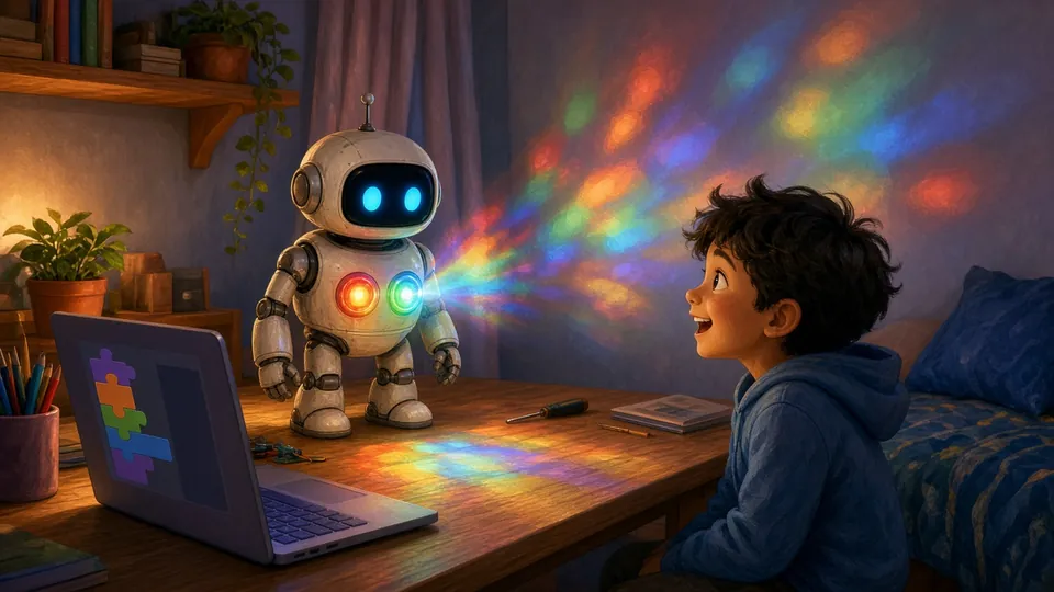 Illustration : un petit robot garde la porte d'une chambre et donne l'alerte quand un chat entre, l'enfant rit sous sa couverture