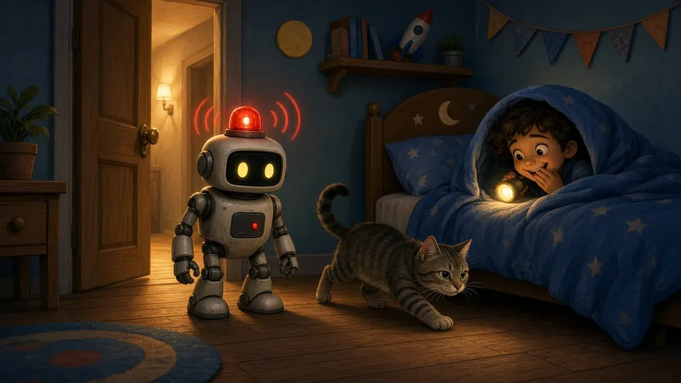 Illustration : les LED colorées d'un petit robot projettent un arc-en-ciel sur le mur devant un enfant émerveillé