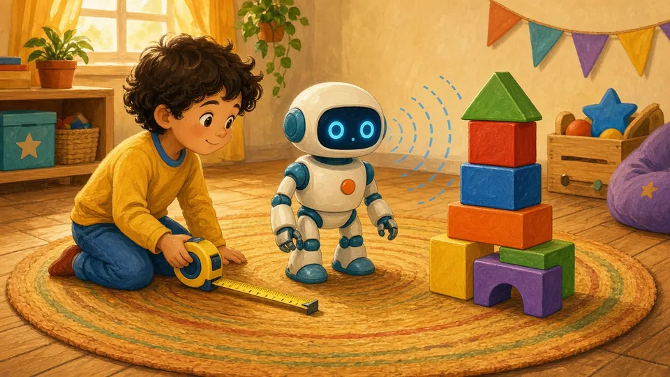 Illustration : un enfant avec un mètre ruban à côté d'un robot dont le capteur à ultrasons vise une tour de cubes