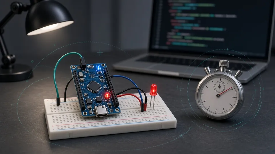 Illustration : carte microcontrôleur sur plaque d'essai avec une LED allumée et un chronomètre, code sur un ordinateur en arrière-plan