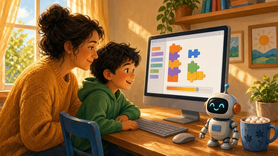 Illustration : un enfant branche un petit robot bleu à son ordinateur et des blocs de code colorés s'envolent vers le robot
