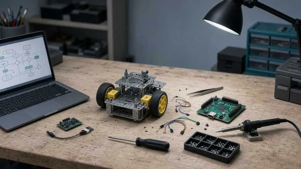 Illustration : châssis de robot à roues en cours de montage sur un établi, avec carte électronique, câbles, fer à souder et ordinateur portable