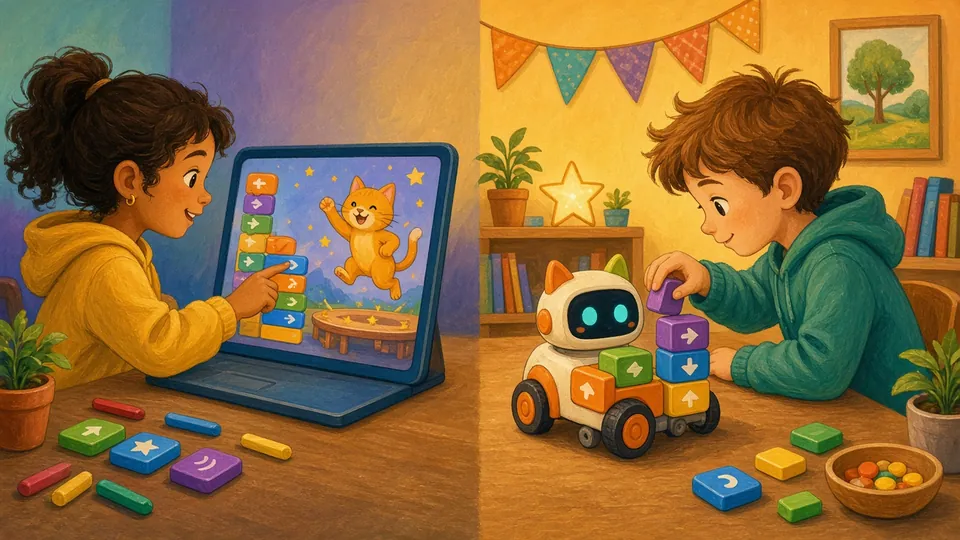 Illustration en deux parties : une fille anime un chat sur tablette, un garçon programme un petit robot avec les mêmes blocs