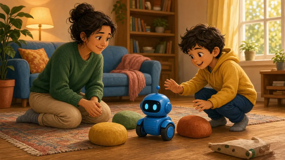Illustration : un enfant montre fièrement à sa mère un petit robot bleu qui évite les obstacles sur le tapis