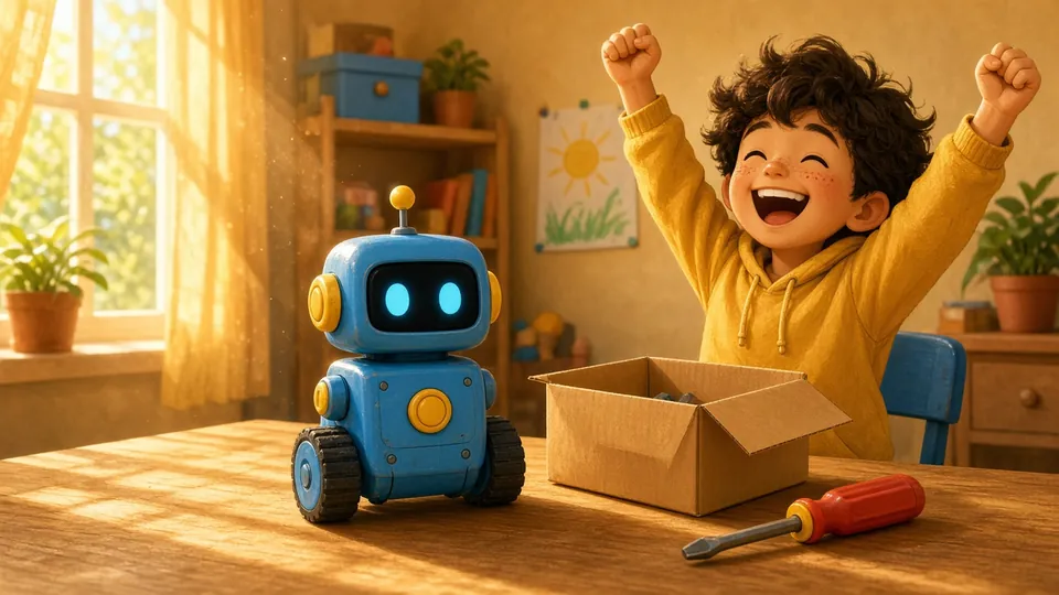 Illustration : un enfant lève les bras de joie devant son premier robot bleu tout juste assemblé