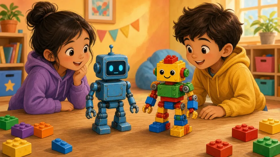 Illustration : deux enfants comparent un robot bleu en métal et un robot en briques colorées