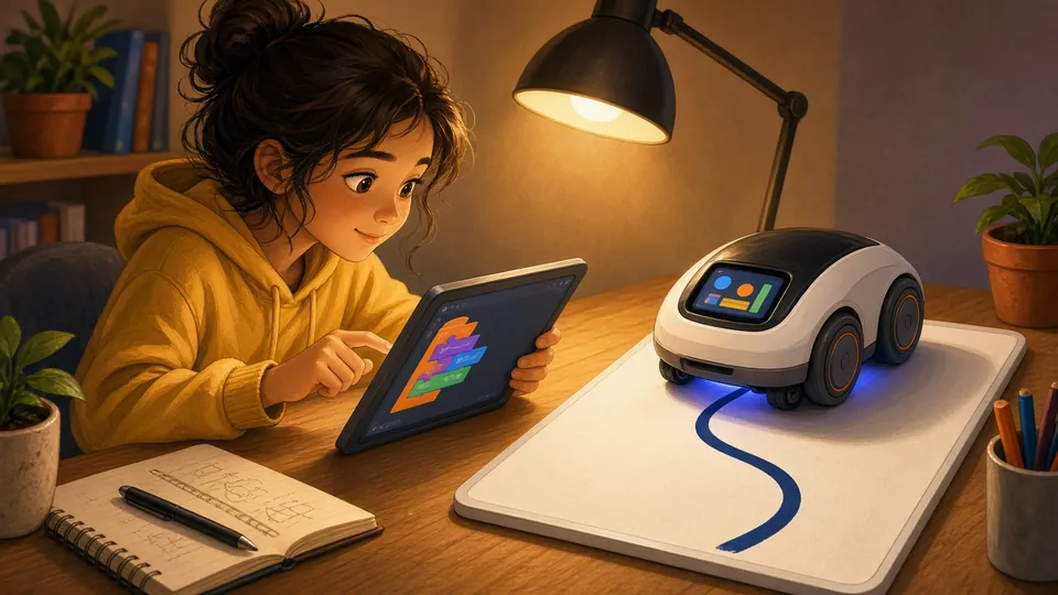 Illustration : une fille programme sur tablette un robot à écran couleur qui suit une ligne courbe
