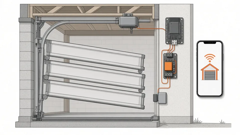 Illustration d'une porte de garage sectionnelle avec un module ESP32 et relais au mur et un smartphone affichant une icône de garage