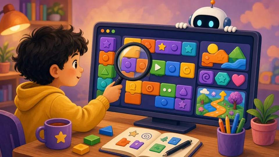 Illustration : un enfant explore à la loupe un environnement de programmation par blocs sur grand écran