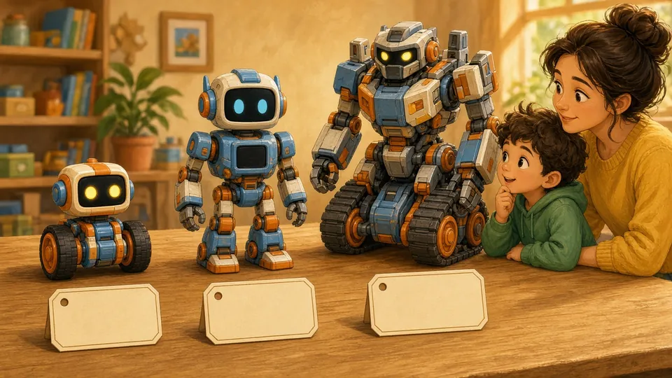Illustration : trois robots de taille croissante avec des étiquettes vierges, une mère et son fils hésitent