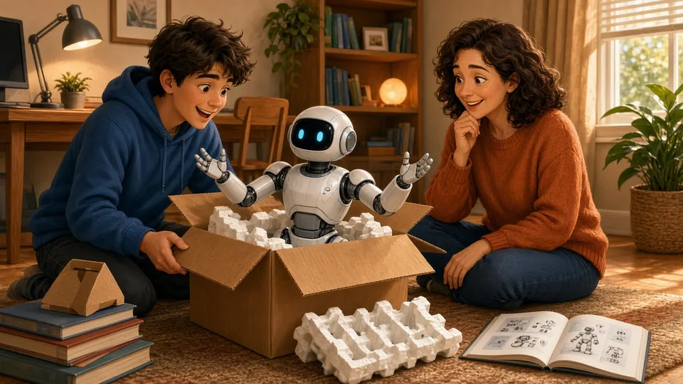 Illustration : un enfant et son grand-père découvrent un robot programmable avec une tablette sur le canapé
