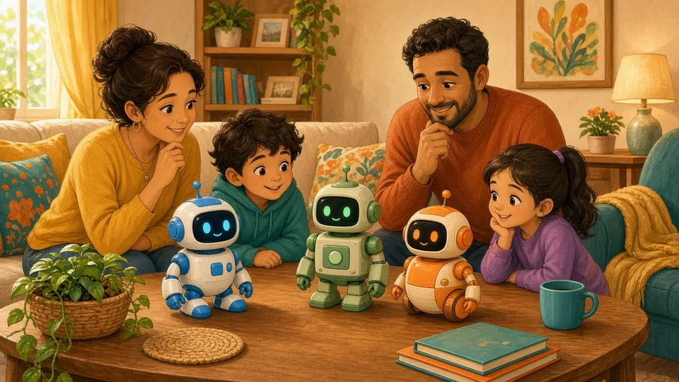 Illustration : une famille compare trois petits robots éducatifs posés sur la table basse du salon