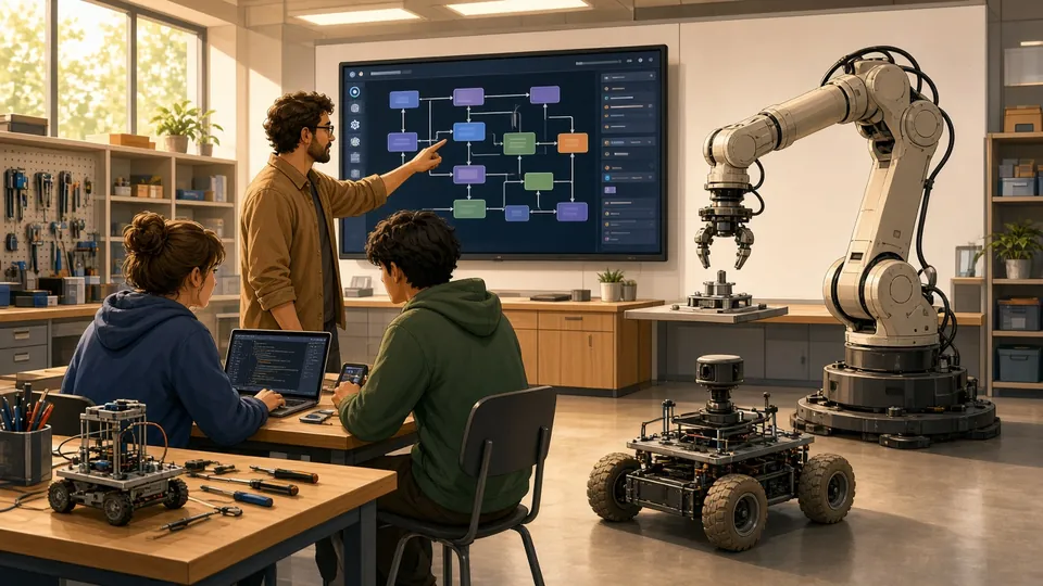 Illustration : deux enfants et leur père regardent un robot dessiner au feutre sur une grande feuille
