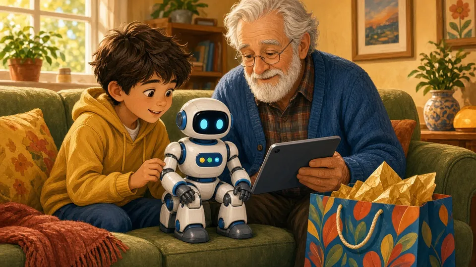 Illustration : un adolescent et sa mère déballent un robot humanoïde éducatif articulé
