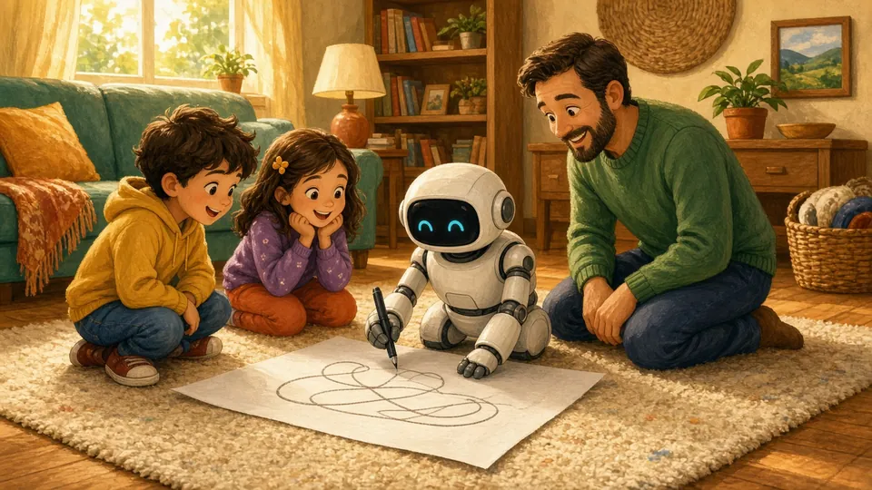 Illustration : laboratoire de robotique avec un bras robotisé, une plateforme mobile et des élèves qui programment