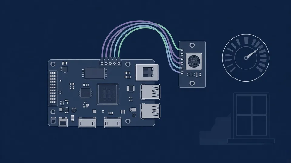 Illustration d'un Raspberry Pi relié à un module capteur de CO2 avec une jauge de qualité de l'air