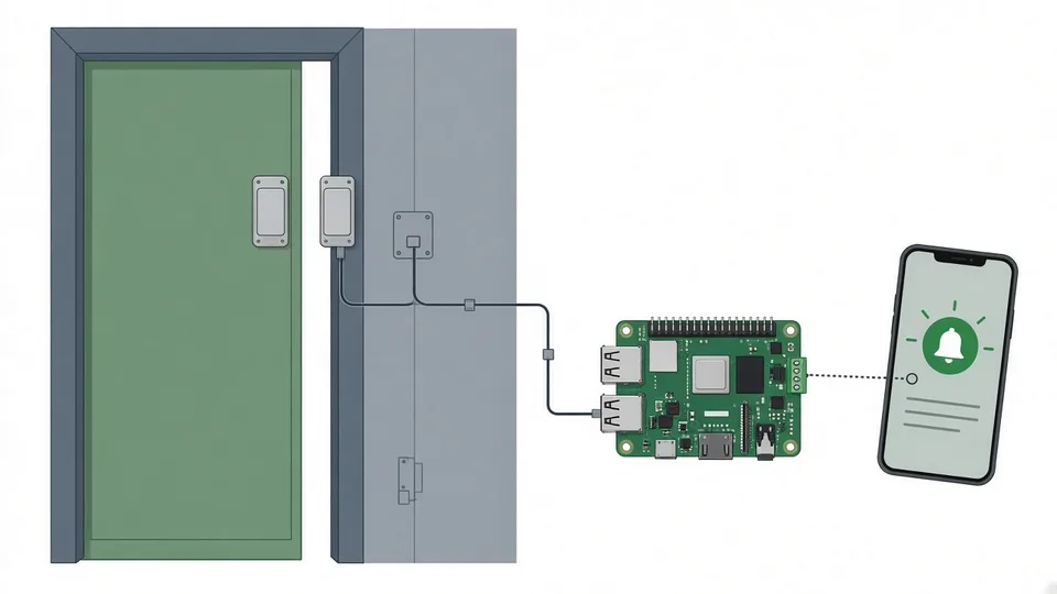 Illustration d'une porte équipée d'un contact magnétique relié à un Raspberry Pi et d'un smartphone recevant une notification