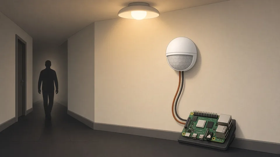 Illustration d'un détecteur PIR dans un couloir relié à un Raspberry Pi, avec une lampe allumée