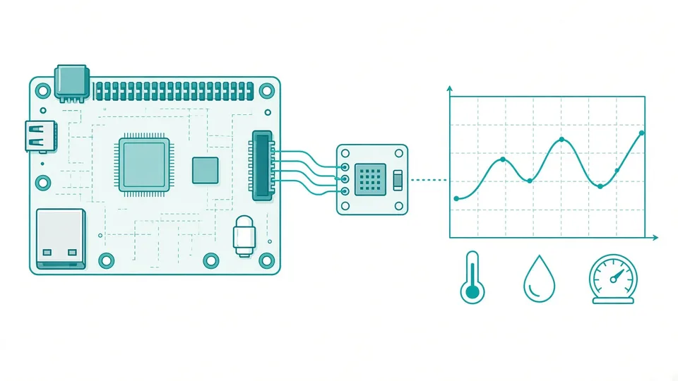 Illustration d'un Raspberry Pi relié à un capteur BME280 avec une courbe d'historique de température