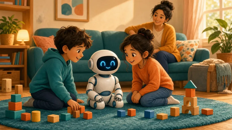Illustration : deux enfants de 6 ans découvrent un petit robot blanc sur le tapis du salon, un parent sourit en arrière-plan