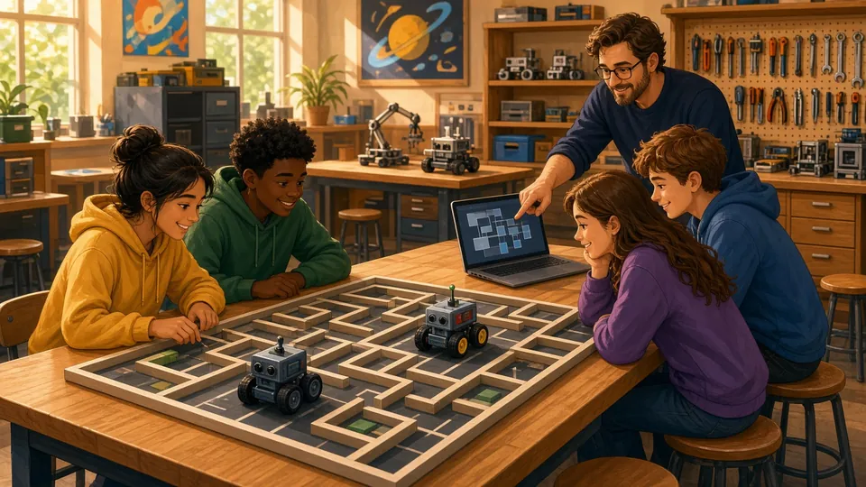 Illustration : des collégiens testent des robots dans un labyrinthe en cours de technologie avec leur professeur
