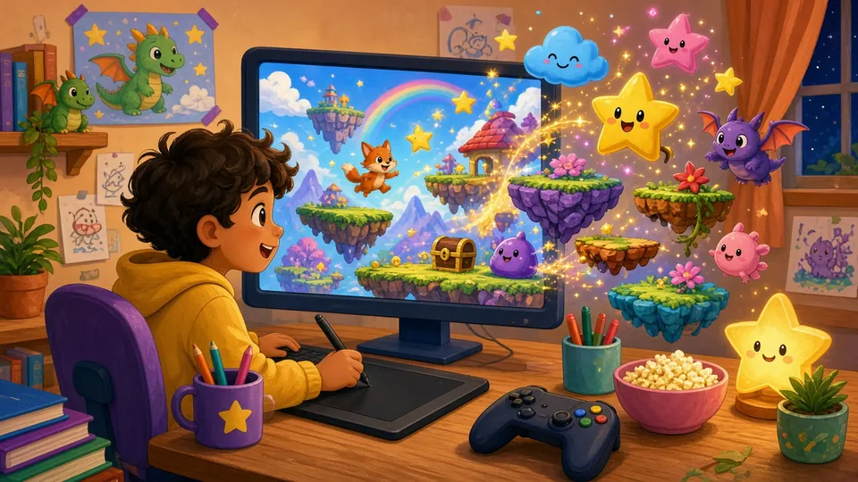 Illustration : un enfant crée un jeu vidéo sur ordinateur et les personnages, plateformes et étoiles sortent de l'écran
