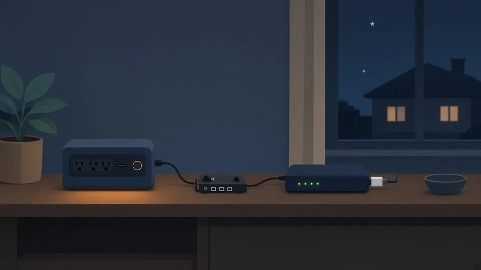 Illustration d'une station électrique alimentant un petit serveur domotique, une box internet et une clé Zigbee sur une étagère pendant une coupure de courant nocturne